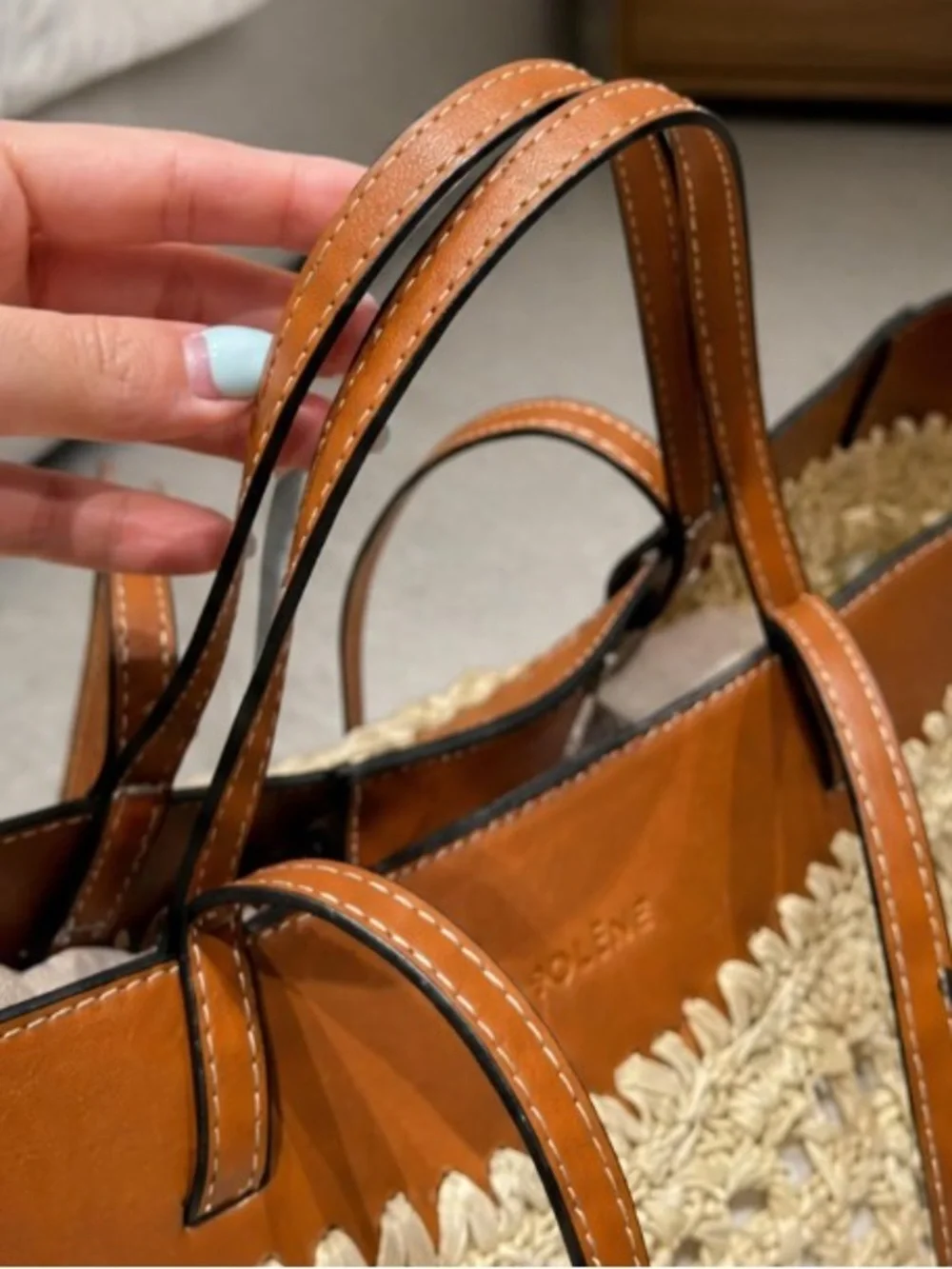 Woven Straw Tote Bag with Brown Faux-Leather Trim
